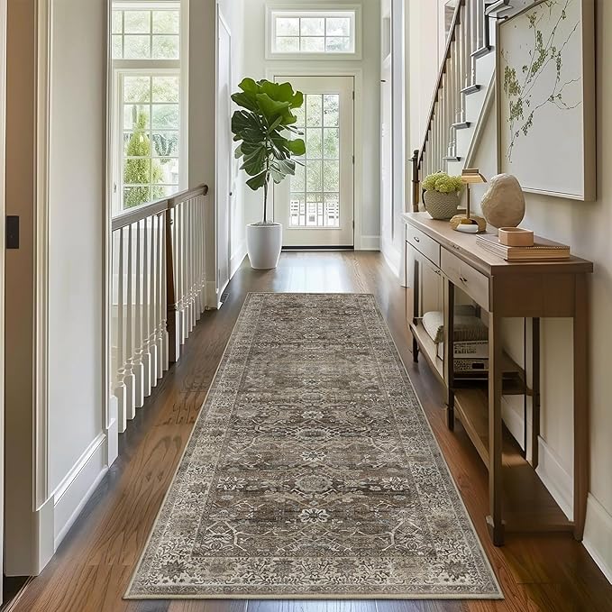 2x8 Runner Rug Grey Brown Vintage Washable Runner Rugs for Hallway Kitchen Low Pile Non-Slip Retro Distressed Accent Throw Carpet for Entryway Bathroom Bedroom Antique/Moss