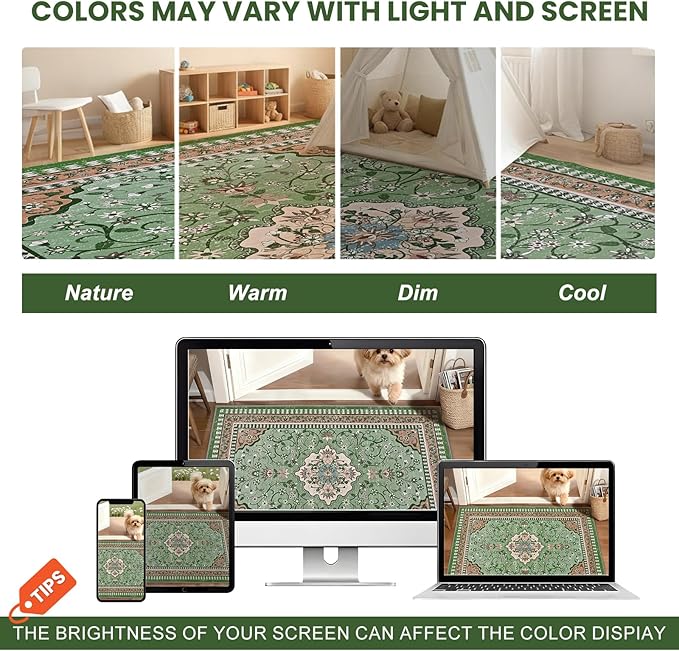 Luxury 8' x 10' Green Washable Area Rugs, Boho Low Pile Easy Clean Non-Slip Rug, Floral Medallion Pattern Vintage Rugs for Living Room, Dinning Room, Office, Bedroom, Bathroom, Laundry Room, Farmhouse