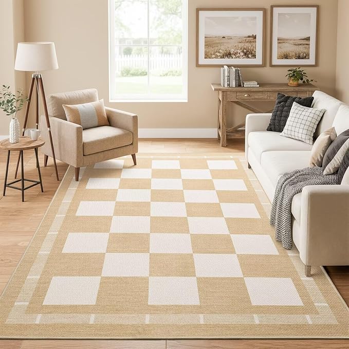 Vasofe Checkered Jute 5x7 Area Rugs, Washable Outdoor Patio Rug for Living Room Bedroom Indoor Carpet, Non Slip Modern Farmhouse Neutral Geometric Rugs Office Porch Dining Room Mat, Khaki and White