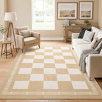Vasofe Checkered Jute 5x7 Area Rugs, Washable Outdoor Patio Rug for Living Room Bedroom Indoor Carpet, Non Slip Modern Farmhouse Neutral Geometric Rugs Office Porch Dining Room Mat, Khaki and White