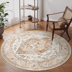 Lahome Boho Round Rug - 3Ft Washable Area Rug, Non-Slip Small Bathroom Rug, Lightweight Bedroom Throw, Oriental Distressed Print Carpet for Entryway, Sofa, Nursery, Kids Room
