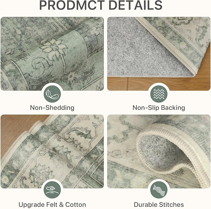 5x7 Area Rugs for Living Room, Machine Washable Rug, Non Slip Vintage Rugs, Low Pile Lightweight Print Rug for Bedroom, Dining Room, Home Office, Green