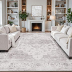LUMI 8x10 Washable Low-Pile Area Rug for Living Room, Ultra Soft Vintage Rugs with TPE Non Slip Backing, Stain Resistant, Low Profile Carpet High Traffic for Bedroom, Dining Room