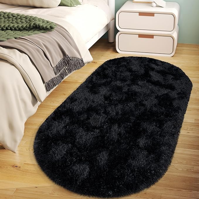Soft Fluffy Area Rug for Bedroom, Black Fuzzy Shaggy Oval Throw Rugs for Bedside, Non-Slip Cozy Plush Shag Carpet for Kids Room Nursery Dorm Living Room, 2.6 x 5.3 Feet