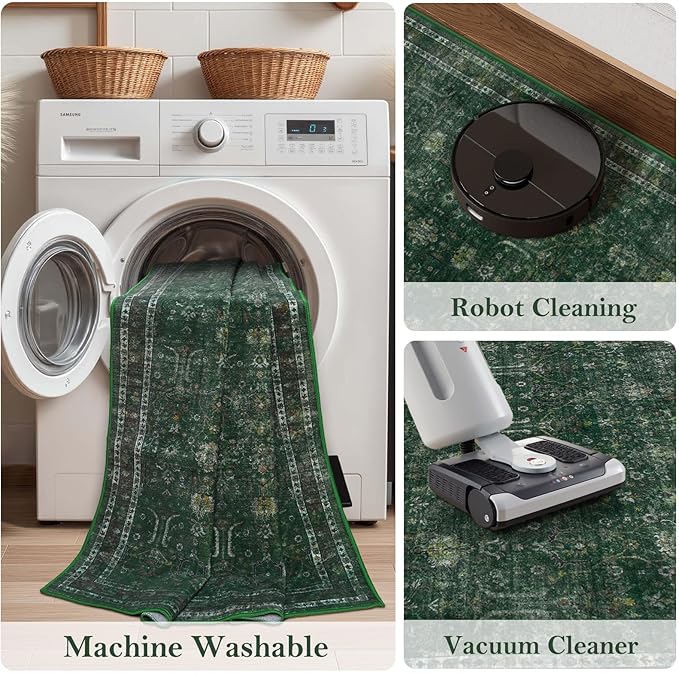 Moynesa Vintage Washable Green Rugs for Living Room 5x7, Retro Area Rug for Bedroom Dining Room Kitchen, Low Pile Soft Non-Slip Accent Carpets for Office Indoor Nursery