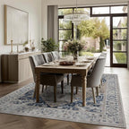 Washable Area Rugs 8x10, Large Rugs for Living Room, Carpet for Bedroom, Soft Faux Wool Retro Dining Room Rug, Non-Slip Backing Resistant Low Pile Vintage Print Rug for Home Office (Taupe/Blue)