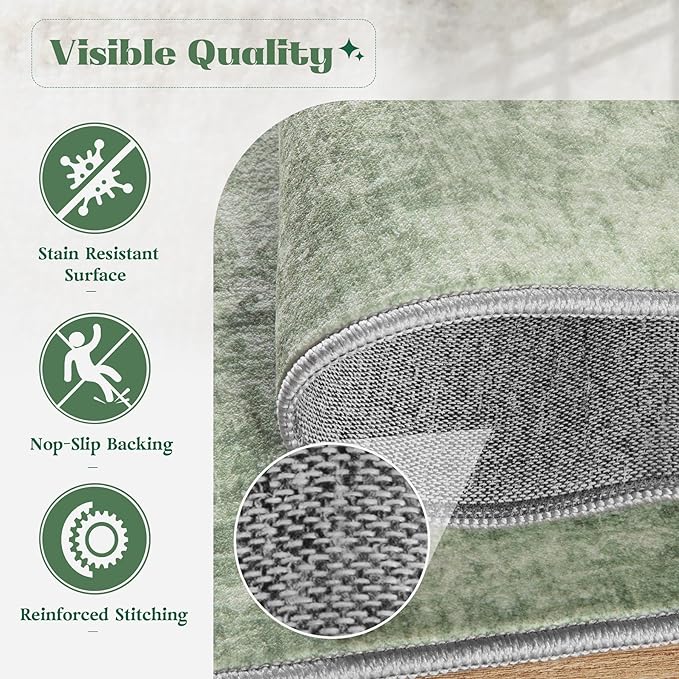 Area Rug 10x14 Washable Rug, Vintage Boho Medallion Rugs Non-Slip Soft Low Pile Large Distressed Rug Indoor Retro Carpet for Living Room Bedroom Dining Room Home Office (Sage Green, 10'x14')