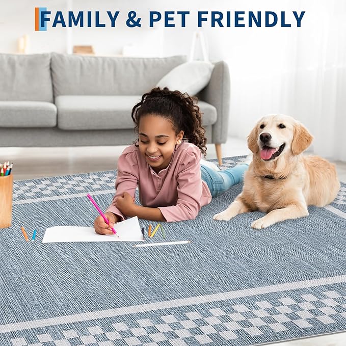 Small Bedroom Area Rug 3x5 Checkered Area Rug for Living Room Nursery Non Slip Kitchen Throw Carpet Low Pile Modern Bordered Rugs Washable Bathroom Mat Soft Brown Rugs for Laundry Entryway, Blue