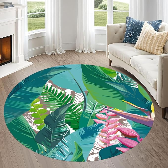 Tropical Leaves Round Rug 3ft - Machine Washable Non-Slip Circular Floor Mat, Short Pile Soft Rug for Living Room, Bedroom, Nursery in Green & Pink Botanical Design