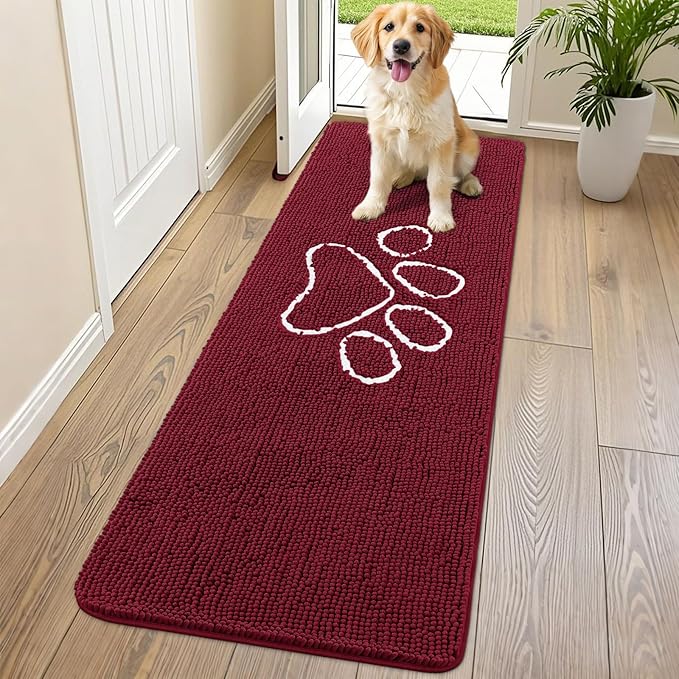 Smiry Dog Door Mat for Muddy Paws, Absorbent Dirt Trapper Non Slip Quick Dry Washable Chenille Mat for Mud Dogs, Entry Rug for Indoor and Outdoor (70x24 Inches, Burgundy and White)