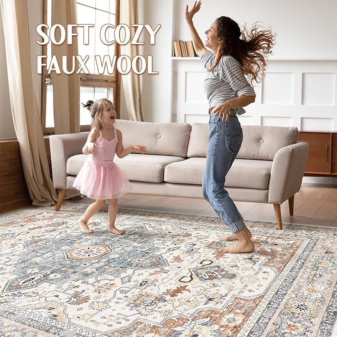 7x9 Area Rug Living Room: Washable Boho Large Neutral Vintage Soft Rug Stain Resistant Distressed Farmhouse Non-Slip Indoor Floor Carpet for Bedroom Nursery Kids Office Dining Room- Beige Blue