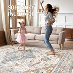 8x10 Area Rugs Living Room: Washable Boho Large Neutral Vintage Soft Rug Stain Resistant Distressed Farmhouse Non-Slip Indoor Floor Carpet for Bedroom Nursery Kids Office Dining Room- Beige Blue