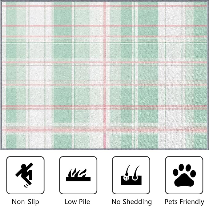 Plaid Rugs for Bedroom - 4x5ft - Mint Green Tartan Gingham Rugs for Living Room Non Slip Low Pile Machine Washable Area Rug, Plaid Carpets Home Decor & Gifts