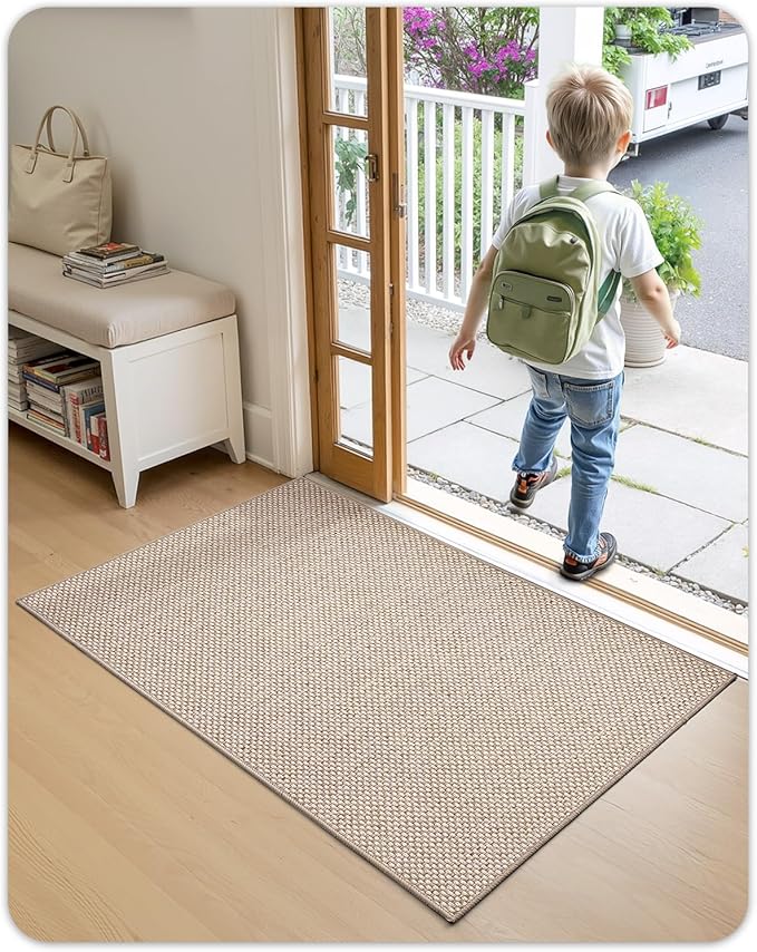 Color&Geometry Ultra-Thin Indoor Door Mat, 26"x47" Low-Profile Non-Slip Entryway Rug with Modern Geometric Texture, Washable Doormat for Indoor Entrance, Front Door, Khaki (Rolled-up NO Creases)
