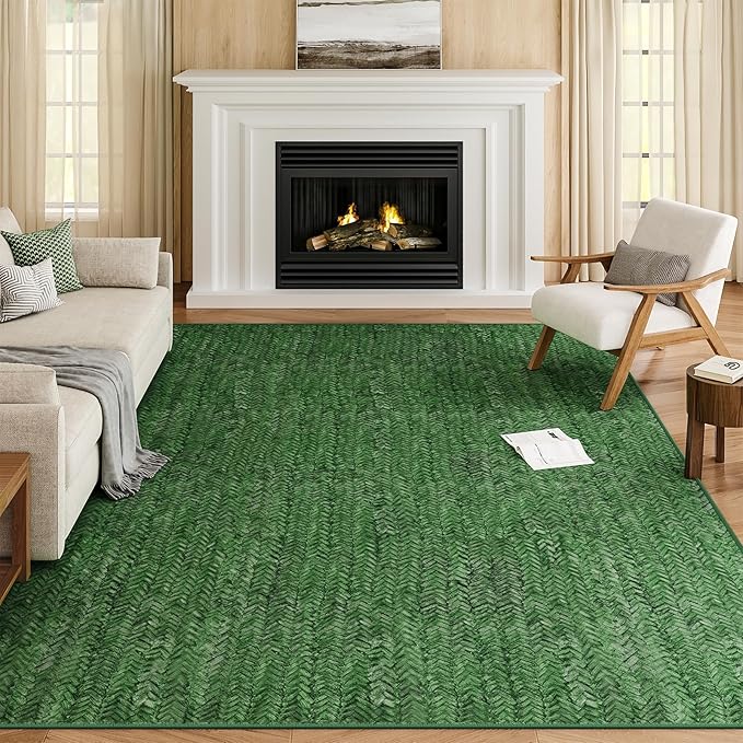 Eleisa Modern Vintage 6x9 Herringbone Chevron Area Rug for Living Room, Green, Non-Slip Stain Resistant Washable Rug, Farmhouse Home Decor Carpet for Bedroom, Kitchen, Dining Room