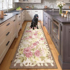 2'6''x8' Machine Washable Runner Rug, Kitchen Hallway Area Rug Pink Vintage Boho Floral Ultra Non-Slip Low Pile Soft Faux Wool Carpet, Kids and Pets Friendly for Bedroom Entryway Nursery Decor Rug