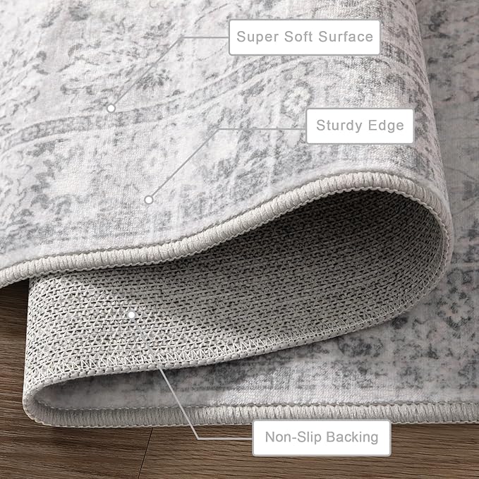 LIVEBOX 2x6 Washable Runner Rug - Kitchen Rug Runner Entryway Rugs, Low-Pile Vintage Grey Rugs for Bedroom, Non-Skid Soft Carpet for Bathroom Hallway