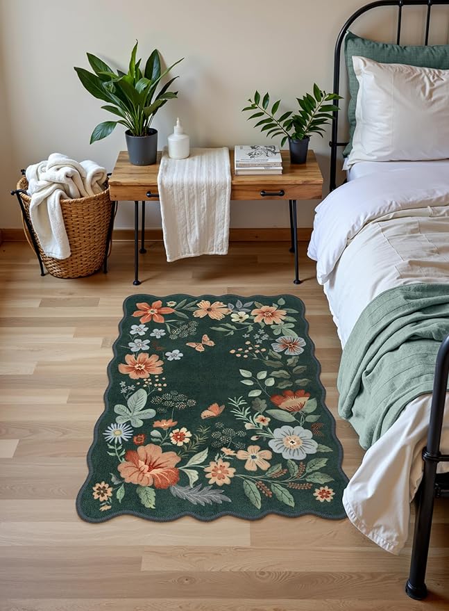 Lahome Floral Green Rugs for Entryway, 2X3 Washable Kitchen Rugs Non Slip Soft Rug, Ultra-Thin Indoor Door Mat Stain Resistant Boho Small Throw Carpet for Bathroom Bedroom(2x3ft, Dark Green)