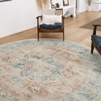 RUGGABLE Washable Vintage Area Rug – Sarrah Coral 8 ft Round, Stain-Resistant, Non-Slip – Large Machine Washable Rugs for Living Room, Bedroom, Hallway, Entryway & Office–with Cushioned Pad