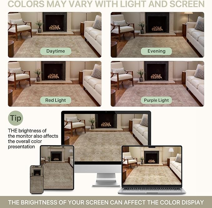 8x10 Washable Area Rug for Living Room, Non Slip Water Repellent Low Pile Carpet for Bedroom & Home Decor, Lightweight Carpet, Brown Pink