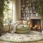 jinchan Elora Floral Corner Rug for Living Room Washable Bedroom Rug Vintage Romance Design Non Slip Quarter Circle Lightweight Low-Pile Throw Carpet for Reading Nook Playroom,8ft Radius, Green/Beige