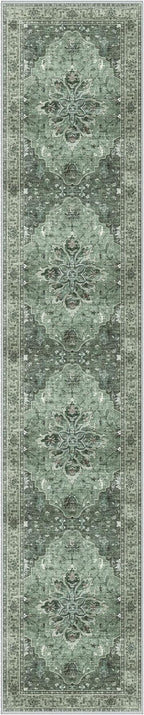 Area Rugs 2'6''x12' Washable Non-Slip, Floral Vintage Distress Print Pattern Medallion Carpet for Living Room Bedroom Dining Room, Dark Green Gray