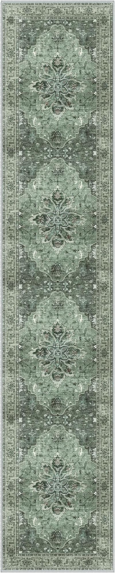 Area Rugs 2'6''x10' Washable Non-Slip, Floral Vintage Distress Print Pattern Medallion Carpet for Living Room Bedroom Dining Room, Dark Green Gray