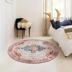 Moynesa Ultra-Thin Washable Round Rug - 4ft Pink Oriental Circle Area Rugs for Nursery Bedroom, Vintage Non Slip Non Shedding Low Pile Carpet for Living Room Coffee Table Entryway