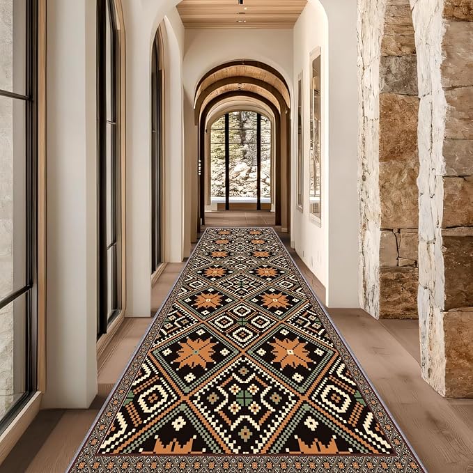 Brown Black Geometric Diamond Pattern Hallway Runner Rug - 2.6x7ft Soft Washable Rug, Corridor & Foyer High-Traffic Area Rugs, Durable Non-Slip Mat, Ethnic Southwestern Style Home Decor