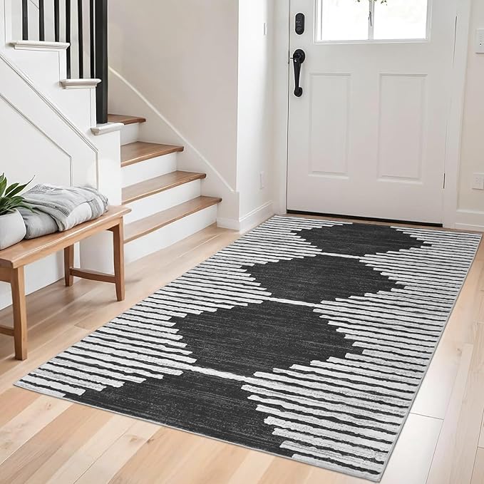 HelloTree Area Rug 4x6 Geometric Rug,Washable Modern Neutral Stain Resistant Indoor Carpet Boho Living Room Moroccan Rugs Fluffy Rug for Living Room Bedside Room Decor for Family-Black