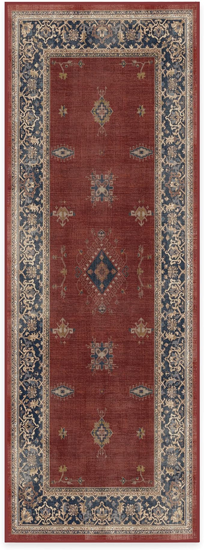 RUGGABLE Washable Vintage Runner Rug – Verena Amber Red 2.5x7, Stain-Resistant, Non-Slip Hallway Runner – Machine Washable Rug for Hallway, Entryway, Living Room & Kitchen–with Cushioned Pad