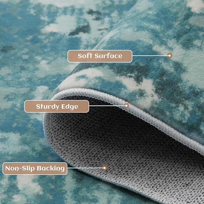6x9 Abstract Area Rugs for Living Room, Modern Teal Blue Washable Indoor Rug for Bedroom, Thin Soft Large Non-Slip Carpet for Dining Room Home Office Farmhouse Decor