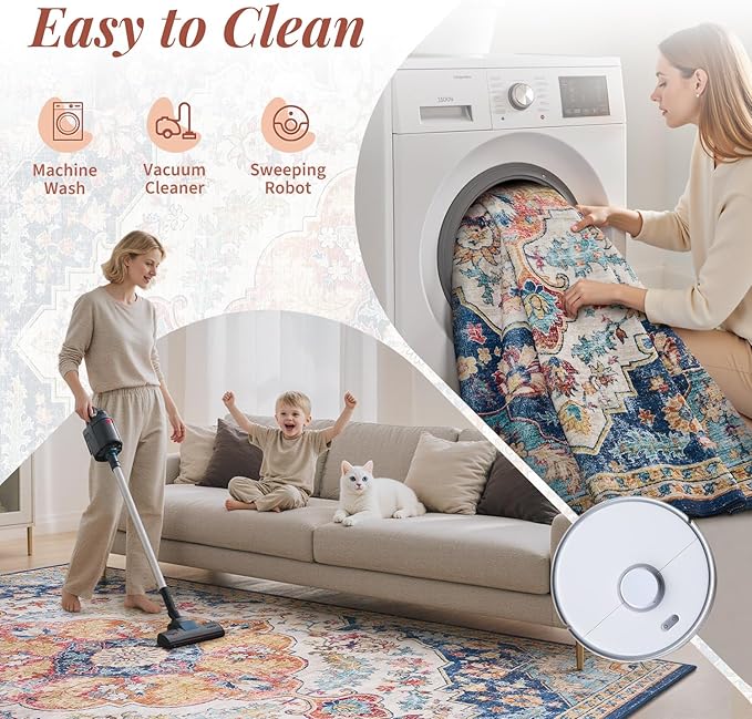 tchdio 5x7 Area Rugs for Living Room, Vintage Non Slip Washable Rug, Soft Low Pile Area Rug Large Floor Indoor Carpet for Bedroom, Dining Room, Office (Multi, 5'x7')