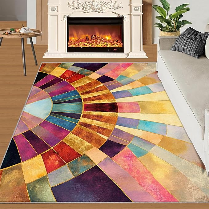 Chromatic Geometric Area Rugs 3x5ft, Abstraction Deco Boys Rugs for Bedroom, Mosaic Sunburst Kids Room Rug Soft Fuzzy Washable for Living Room Game Room Coffee Table