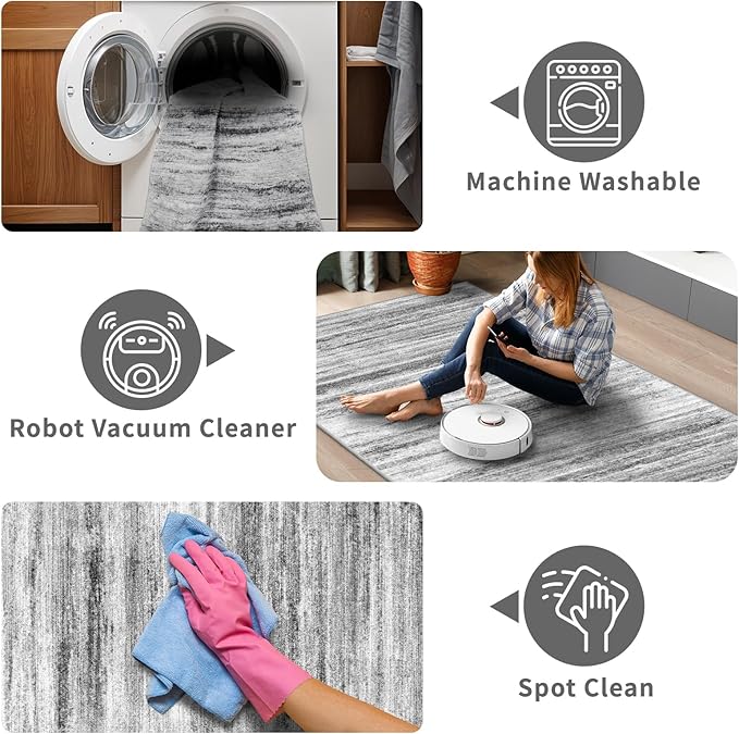 6x9 Area Rug for Living Room: Non-Slip Washable Rugs for Dining Room Bedroom Study Home Office - Easy-to-Clean Stain and Water Resistant Carpet - Soft Low-Pile Mat Grey