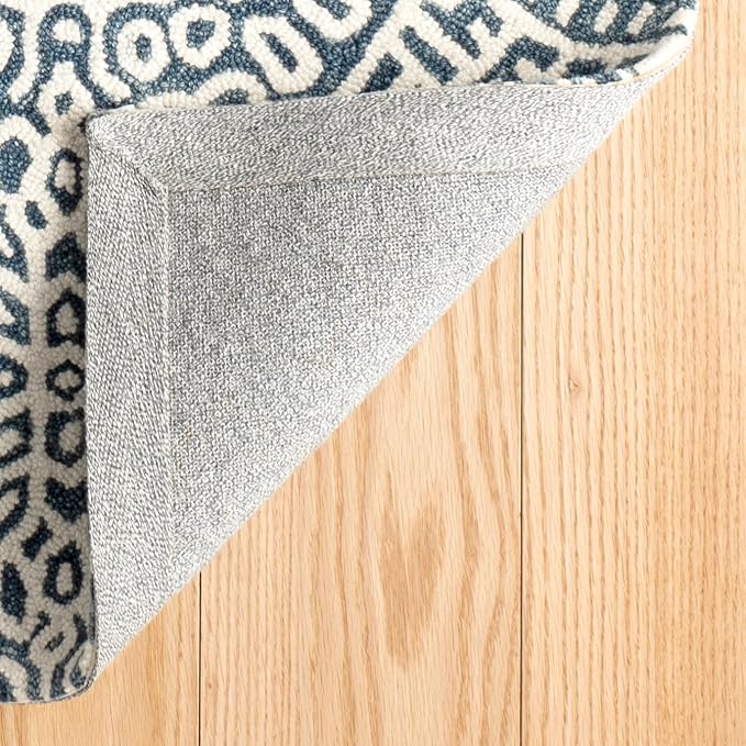 Dash & Albert Temple Ink Hand Micro Hooked Wool Rug, 2.5 X 8 Feet, Blue Geometric Pattern