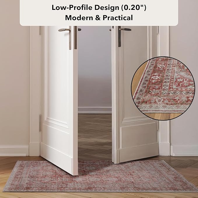 Kuden 6x9 Area Rug, Machine Washable Area Rug with Non-Slip Backing, Vintage Style, Soft, Easy Clean, Low Pile Rug for Living Room, Bedroom, Dining Room
