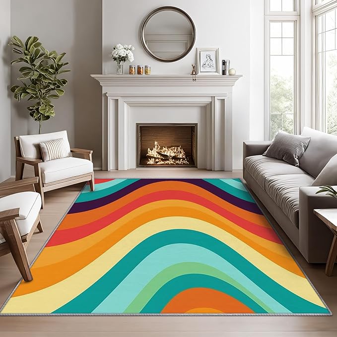 Retro Rugs for Living Room 70s -Abstract Wave Rug, 4x5 ft, Colorful Rainbow Area Rug, Groovy Geometric Washable Rugs for Living Room Bedroom, Mid Century Retro 70s Home Decor & Gifts