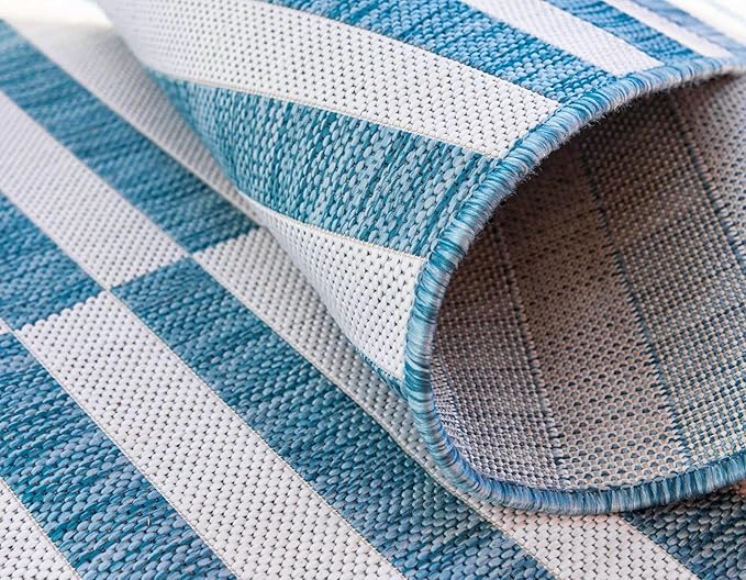 Unique Loom Outdoor Striped Collection Area Rug - Striped (2' x 6' 1" Runner, Light Aqua/Ivory)