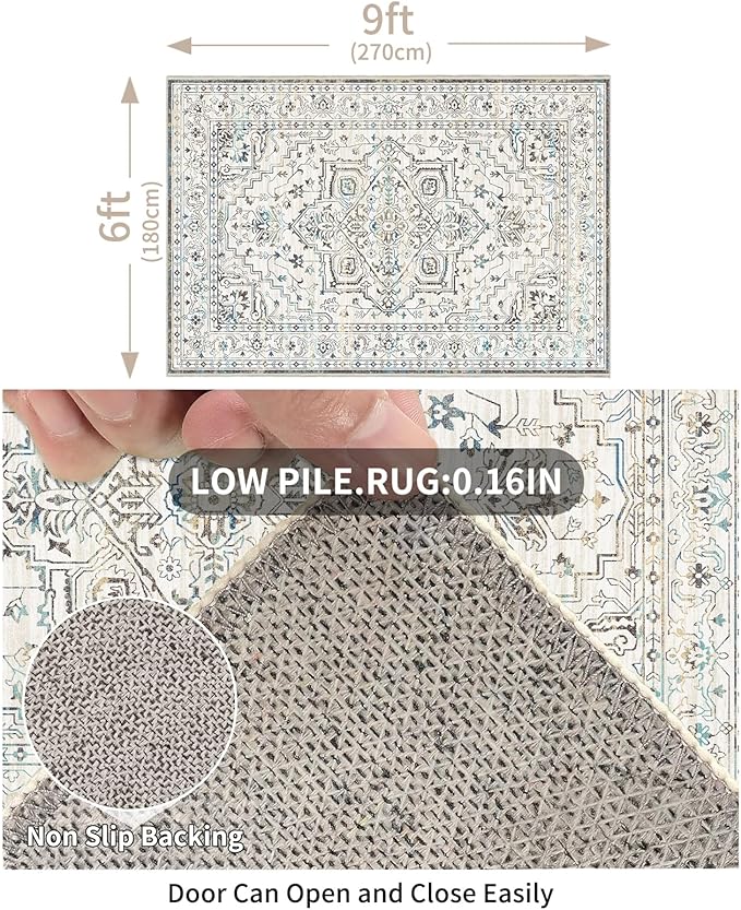 Enkor Area Soft Rugs 6x9 Washable Non Slip Boho Floor Rugs for Living Room Bedroom, Vintage Style Farmhouse Mat for Kitchen Entryway White & Grey
