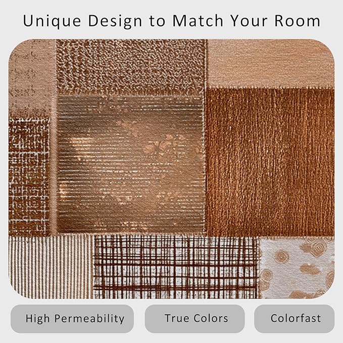 Patchwork Rug, Washable 5x6 Rug for Living Room, Geometric Brown Patterned Indoor Carpet, Patchwork Decor for Home, Bedroom, Soft Non Slip Thin Design FER7