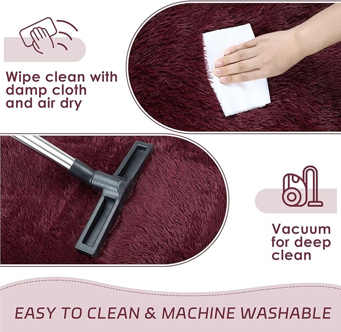 duduta Burgundy Plush Rugs for Bedroom 3x5 ft, Fluffy Shag Rug for Dorm Nursery Bedside, Machine Washable Non Slip