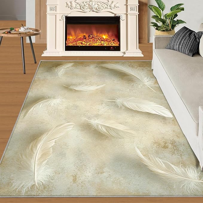 4x6 Feathers Cafe Rug - Minimalist Feathers Rugs for Bedroom Aesthetic, Natural Still Life Soft Comfortable Non-Slip for Offie Bedroom Study Boy Girl Room Hotel Dorm
