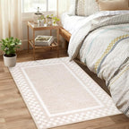 Small Area Rug 2x3 Modern Checkered Entry Rug Solid Color Scalloped Kitchen Rugs Washable Bedroom Doormat Non Slip Stain Resistant Bordered Throw Carpet for Living Room Nursery Laundry, Beige