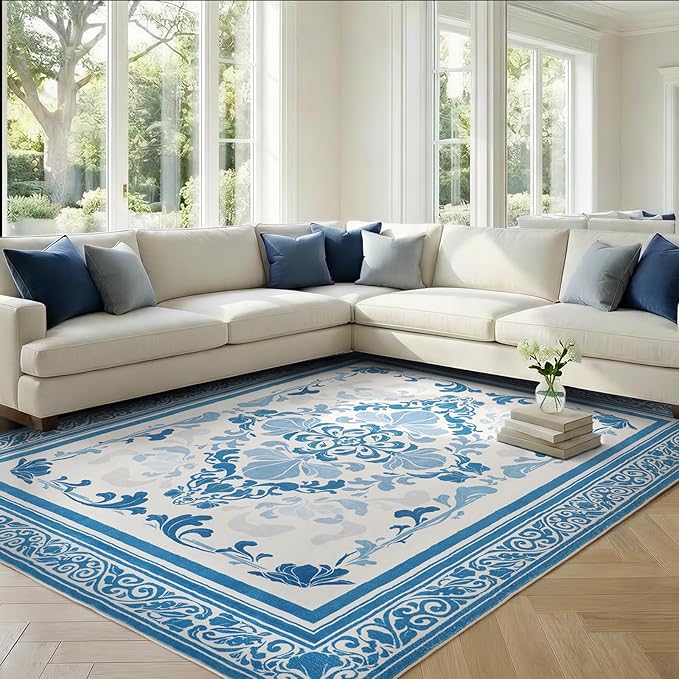 SOULFUL Medium Pile 8x10 Rugs for Living Room - Soft Foot Feel Large Area Rug - Blue Boho Floral - Washable Non-Slip - Perfect for Bedroom Kids Room Under Dining Table Office