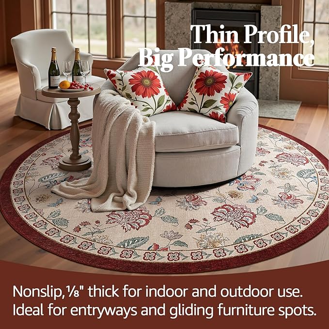 jinchan Elora 6ft Floral Round Rug for Dining Room Washable Living Room Rug Vintage Romance Design Non Slip Indoor Floor Cover Lightweight Low-Profile Throw Carpet for Bedroom Porch Patio, Red/Beige