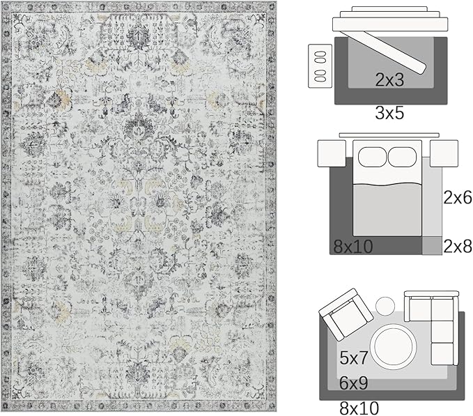 jinchan Kalen Runner Rug 2x10 Washable Area Rug Soft Vintage Hallway Indoor Floor Stair Runner Thin Retro Distressed Carpet Grey Floral Country Non Slip Bathroom Kitchen Bedroom Living Room Stairway