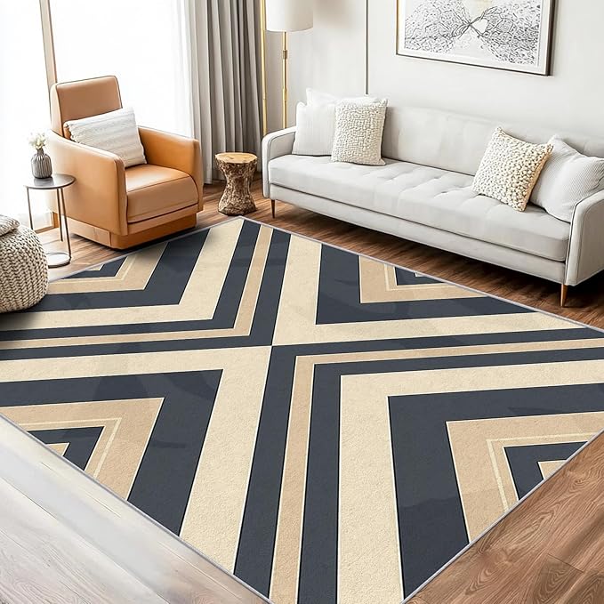 Modern Geometric Rug, Washable 6x8 Rug for Living Room, Herringbone Chevron Patterned Indoor Carpet, Modern Geometric Decor for Home, Bedroom, Soft Non Slip Thin Design FER80