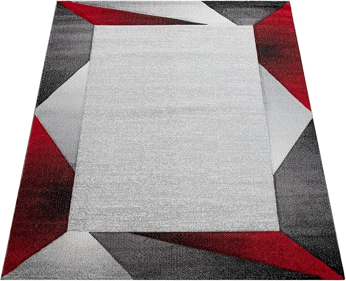 Paco Home Modern Area Rug Bordered with Geometric Pattern Red Grey with Contour Cut, Size: 2'8" x 9'10"
