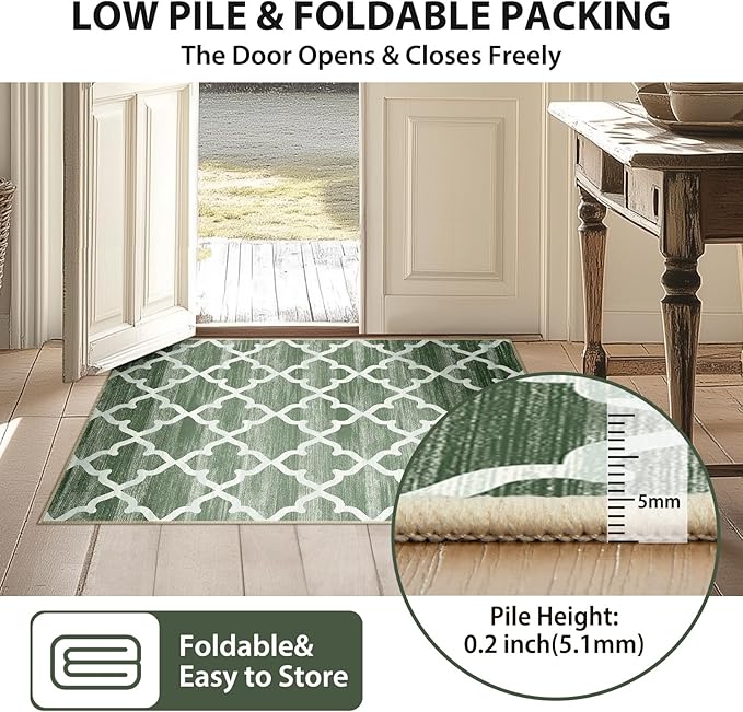 Area Rug 2x8, Moroccan Trellis Print Carpet, Machine Washable Non-Slip Rugs for Living Room, Bedroom, Dining Room & Entryway, Green